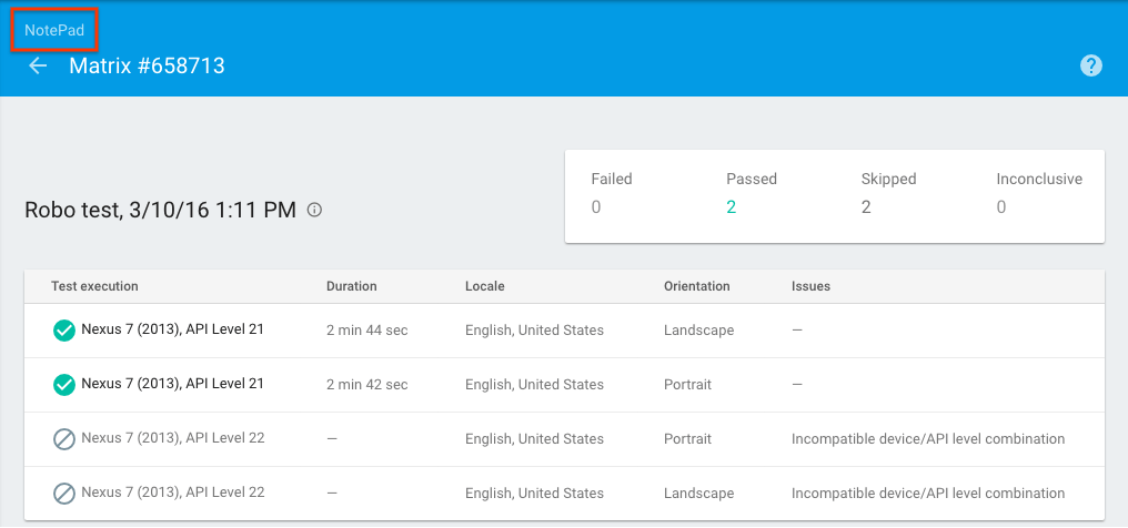 Test Matrix Results