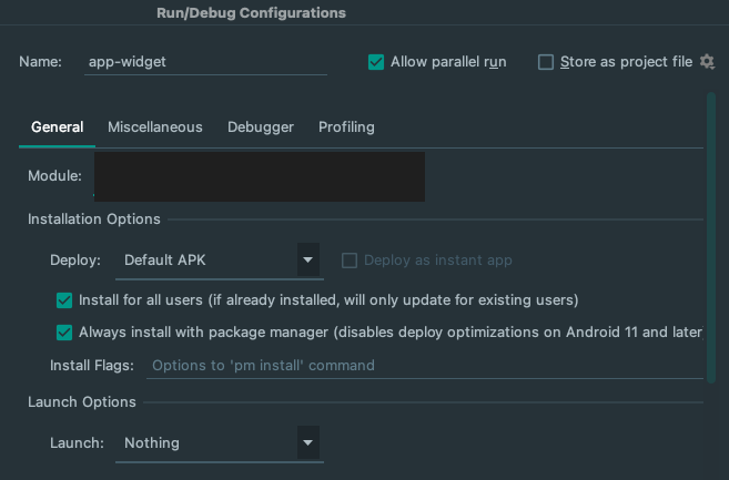 screenshot showing run configuration in Android Studio for widgets