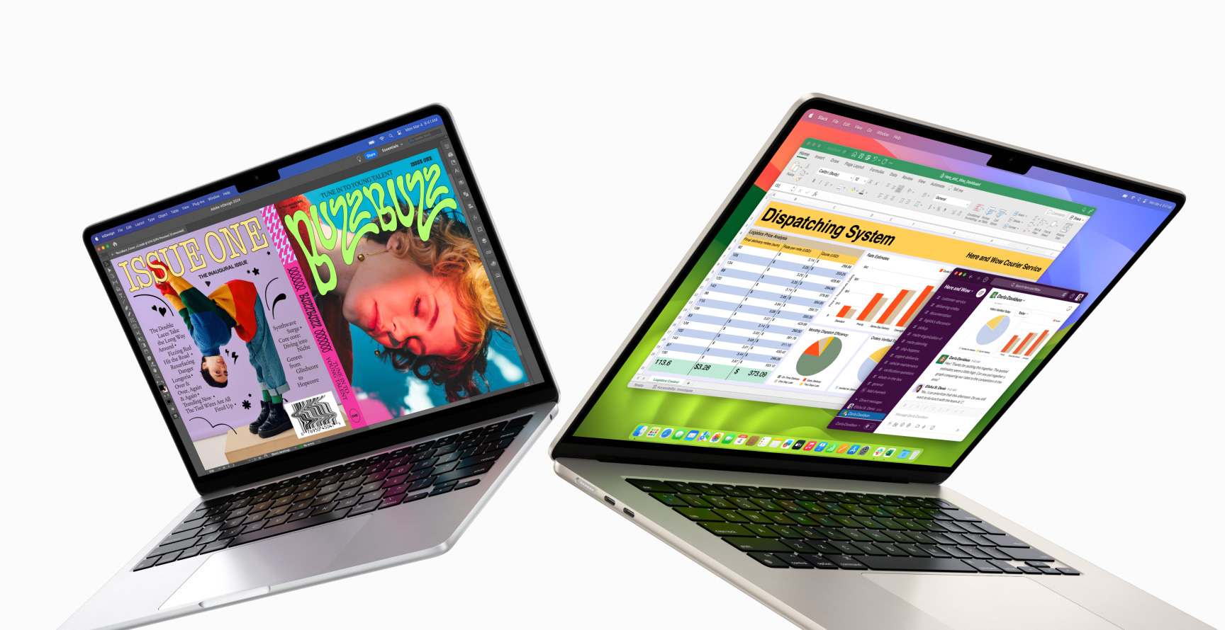 Partially open 13-inch MacBook Air on left and 15-inch MacBook Air on right. 13-inch screen shows colourful ‘zine cover created with In Design. 15-inch screen shows Microsoft Excel and Slack.