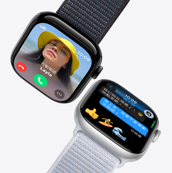 兩隻 Apple Watch Series 10。第一隻錶顯示有一通來電。第二隻錶顯示訊息。