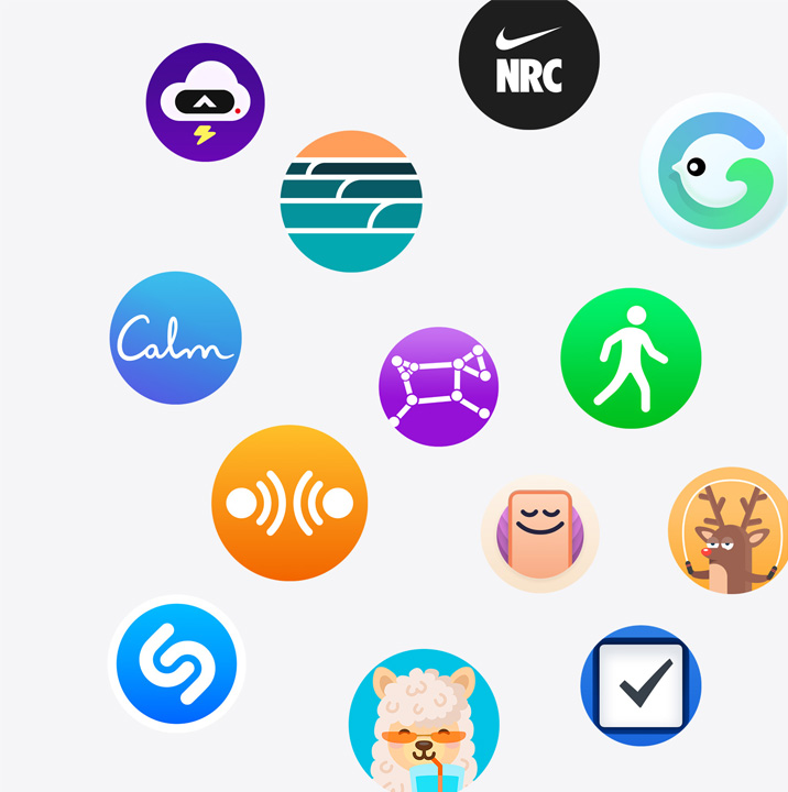 多款來自 App Store 的 Apple Watch app 圖標。包括 Calm、CARROT、Dawn Patrol、Grow、iTranslate、Night Sky、Nike Run Club、OffScreen、Pedometer++、Shazam、Things 3、Waterllama、YaoYao