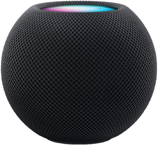 Gece Yarısı renginde HomePod mini ve üstünde hareket eden renkli piksellerden oluşan “mini” ifadesi.