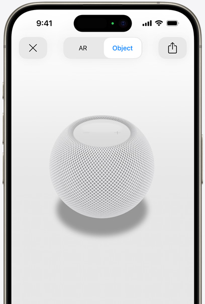 Witte HomePod in de AR-weergave op het scherm van een iPhone.