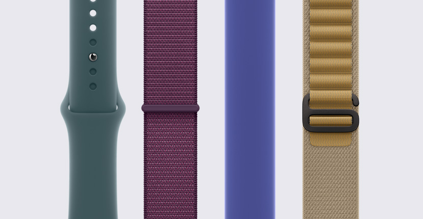 Différents bracelets pour Apple Watch disposés côte à côte à la verticale.