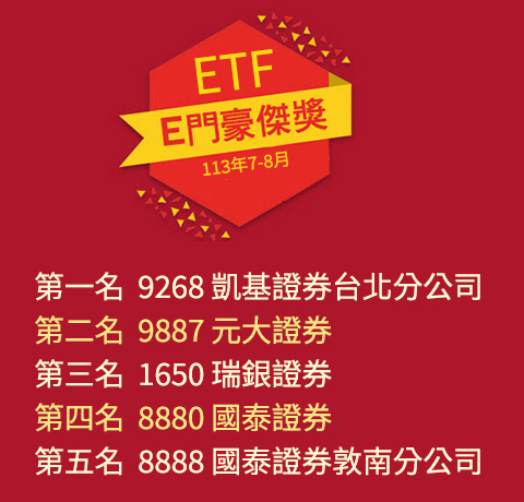 E門豪傑獎競賽龍虎榜 (113年1-8月)：第一名 9268 凱基證券台北分公司  、第二名  9887元大證券、第三名 1650 瑞銀證券 、第四名 8880 國泰證券、第五名 8888 國泰證券敦南