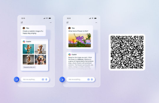 Aplicação Microsoft Copilot a ser utilizada para gerar imagens de um cão a cantar, a ajudar a identificar uma flor e a gerar um e-mail para felicitar a promoção de um colega.