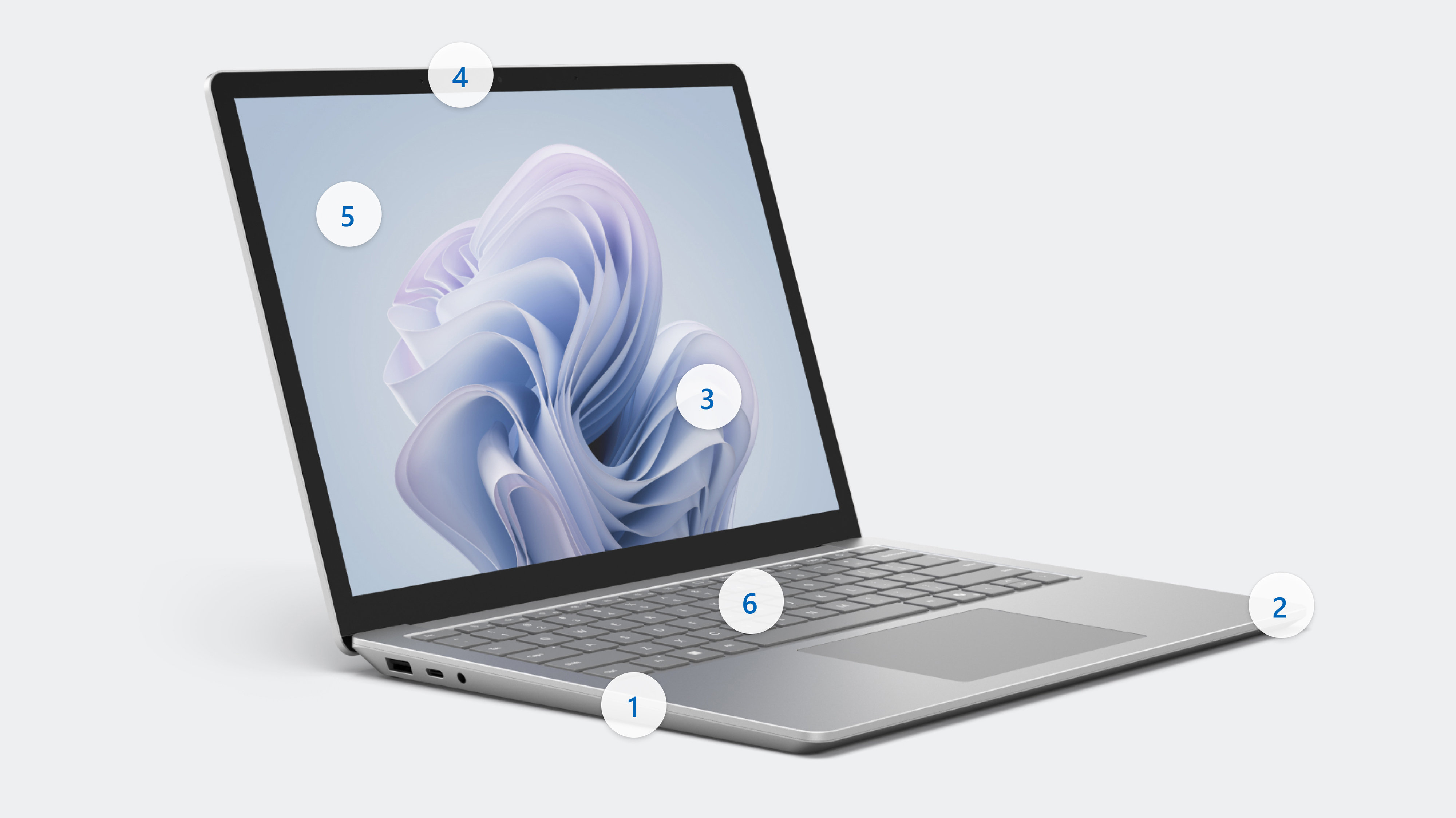 Bild på Surface Laptop 6 som visar hotspots 1 till 6