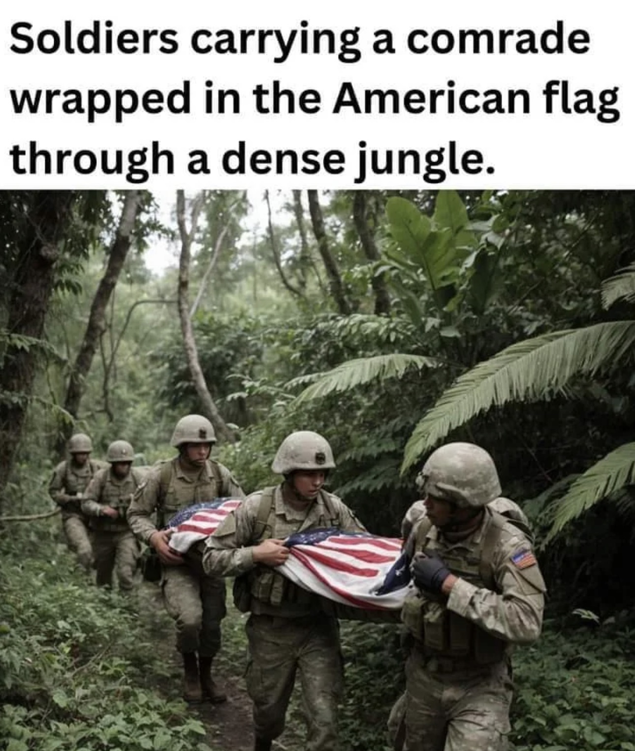 old-growth forest - Soldiers carrying a comrade wrapped in the American flag through a dense jungle.