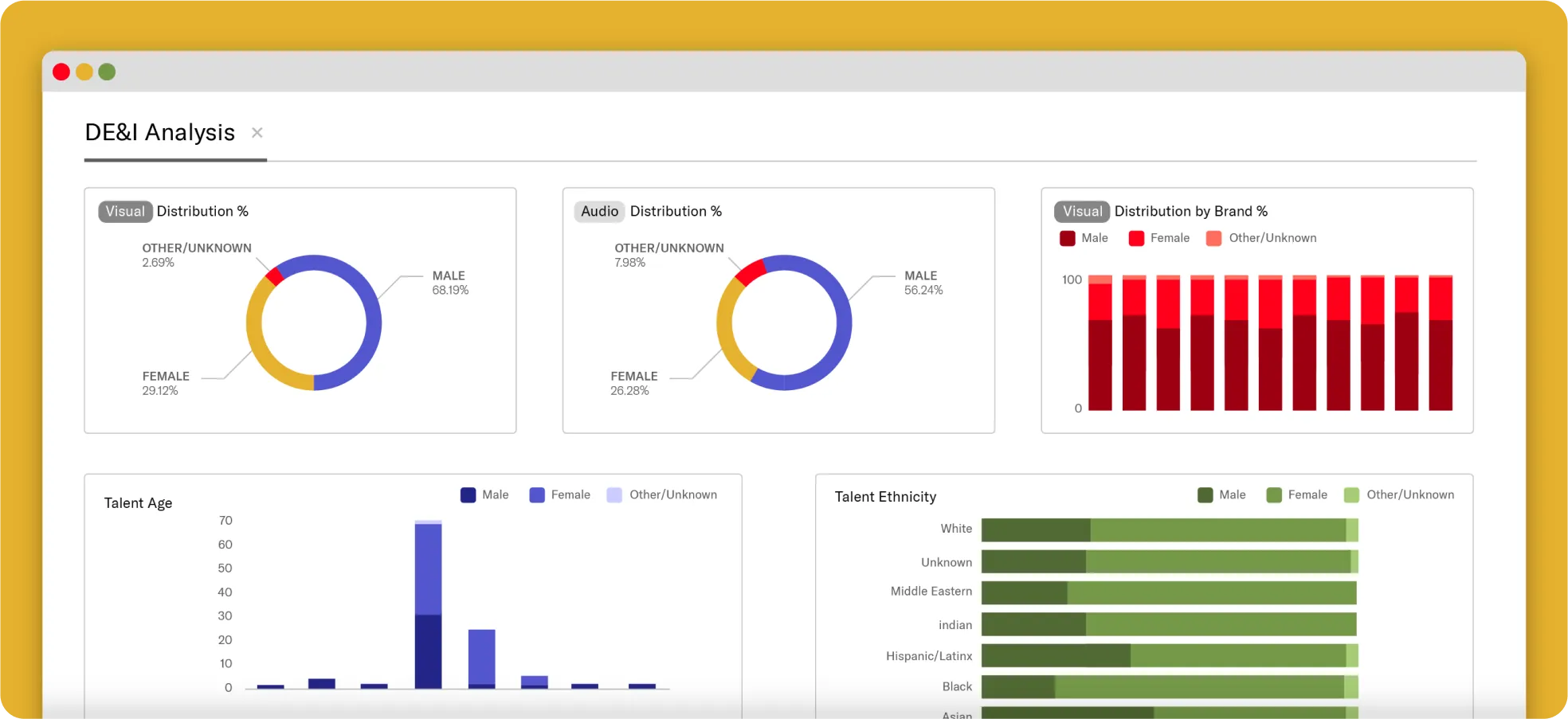 A screenshot showing a DE&I (Diversity, Equity, and Inclusion) Analysis dashboard. The dashboard includes several visualizations.