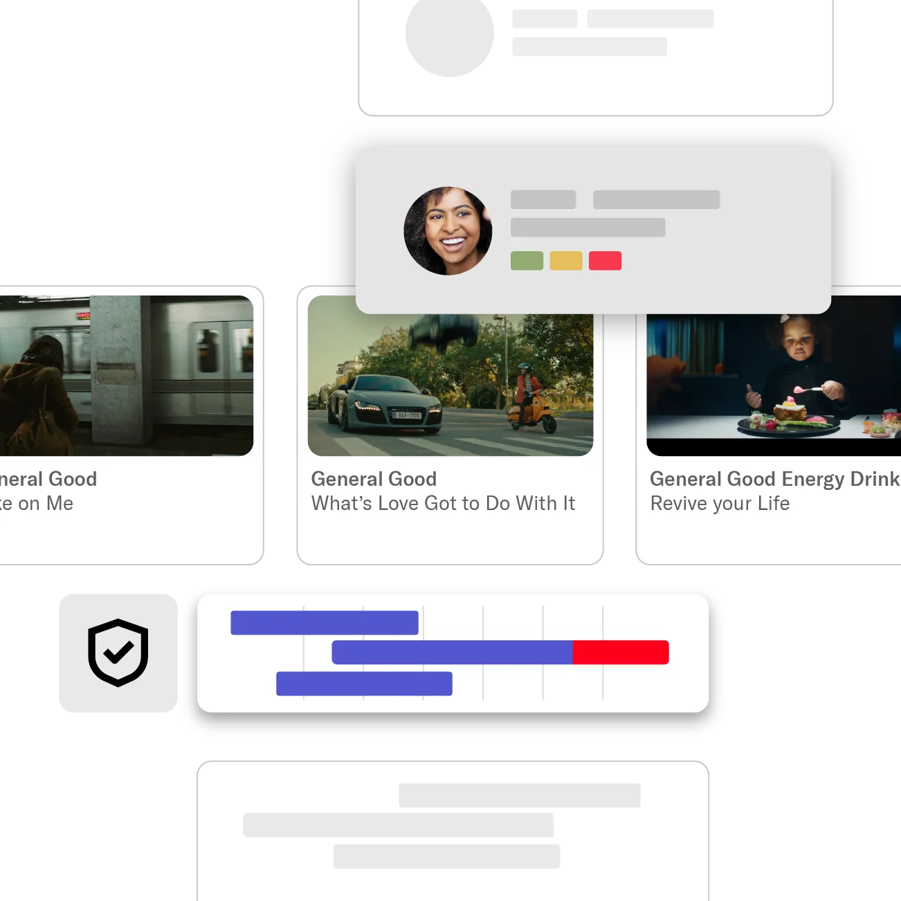 Dashboard with video ad thumbnails: ‘Shine on Me,’ ‘What’s Love Got to Do With It,’ and ‘Revive your Life.’ Overlaid UI elements include a profile picture, shield icon with checkmark, and progress bar chart.