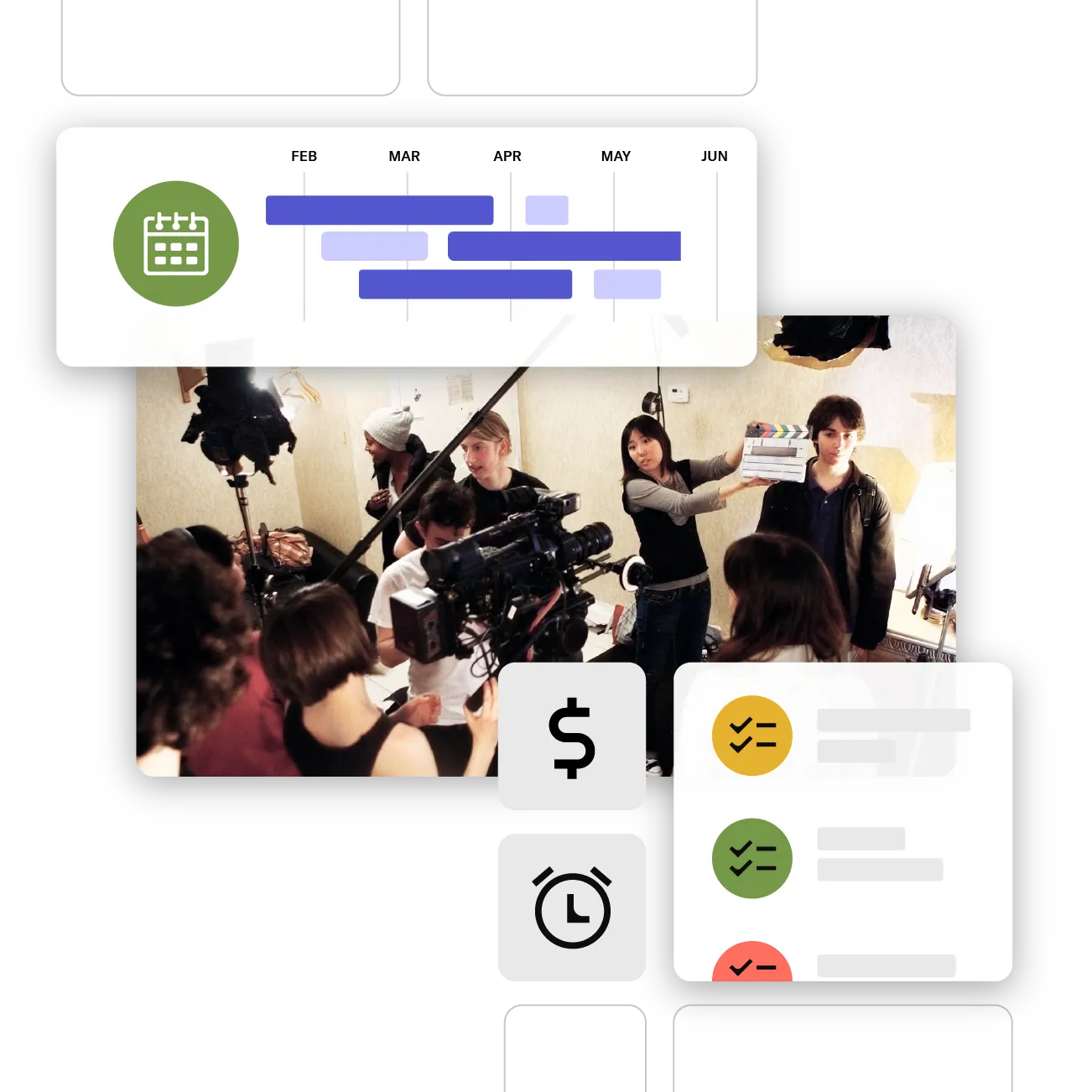 Film set with crew, camera operator, clapperboard; overlaid UI elements