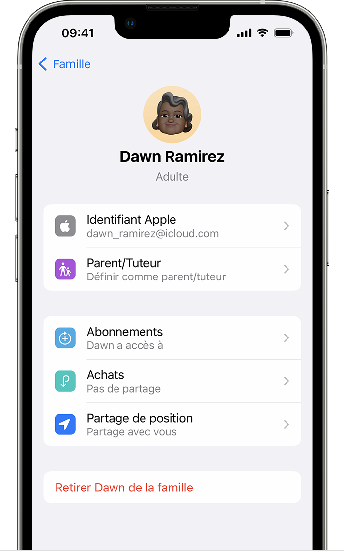 iPhone affichant un écran sur lequel un membre peut être retiré de la famille