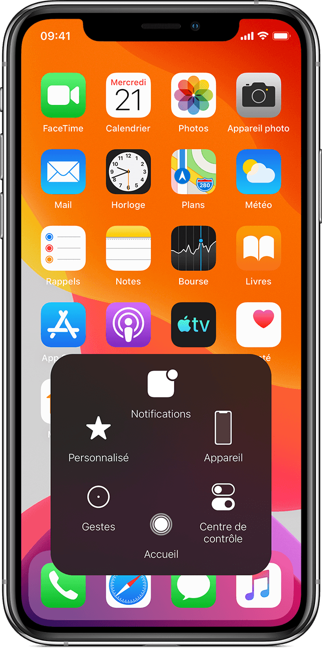 Écran d’accueil d’un iPhone affichant le menu AssistiveTouch