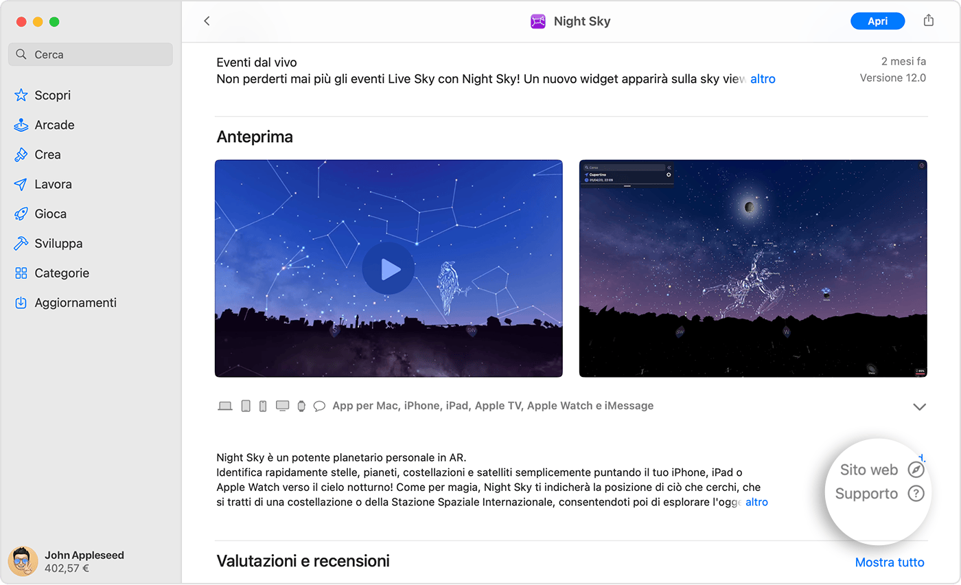 Nell'App Store su Mac, puoi trovare il pulsante Supporto o Supporto app vicino alle valutazioni e alle recensioni.