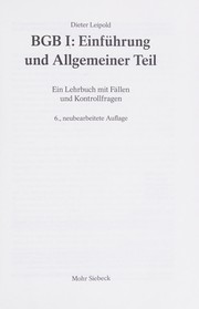 BGB I: Einführung und allgemeiner Teil by Dieter Leipold