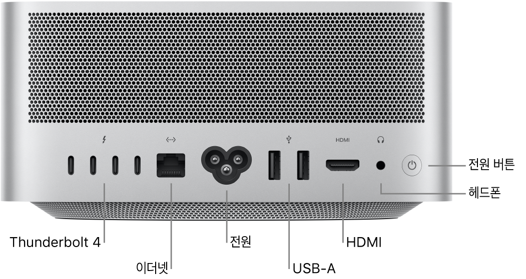 4개의 Thunderbolt 4(USB-C) 포트, 기가비트 이더넷 포트, 전원 포트, 2개의 USB-A 포트, HDMI 포트, 3.5mm 헤드폰 잭 및 전원 버튼이 있는 Mac Studio의 후면.