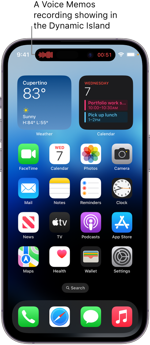 The iPhone 14 Pro Home Screen, showing a Voice Memos recording in the Dynamic Island.