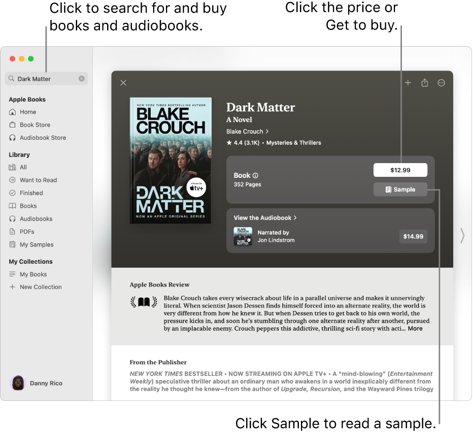 A window with a book title in the search field on the left. On the right, the book’s page is displayed with options to buy the book or audiobook or to read a sample. The window also shows reviews and a note from the publisher.