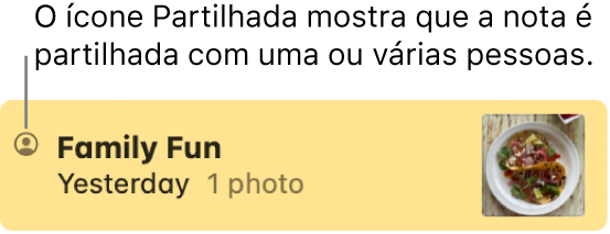 Uma nota que foi partilhada com outras pessoas na conversa da aplicação Mensagens, com o ícone de Partilha à esquerda do nome da nota.