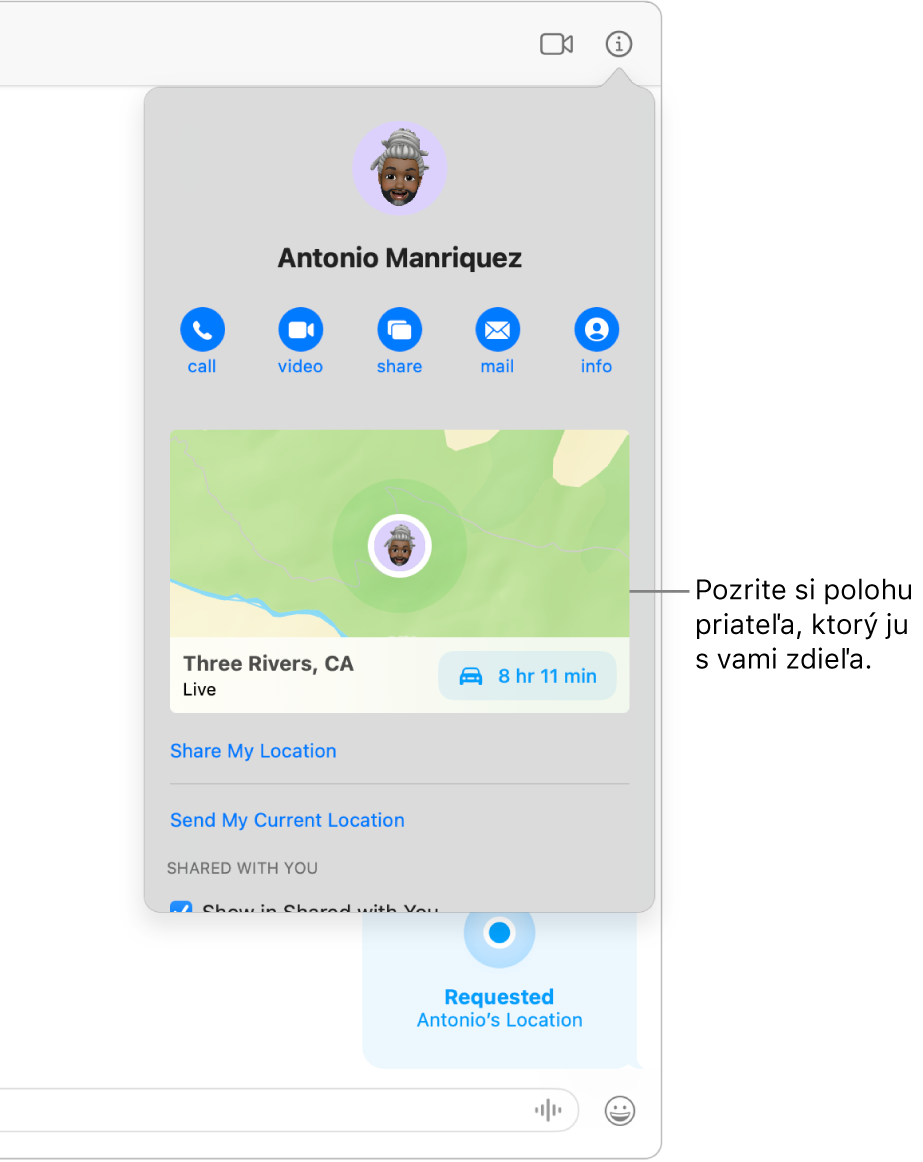 Zobrazenie Informácie,ktoré sa zobrazí, keď kliknete na tlačidlo Informácie v konverzácii zobrazujúce ikonu osoby, ktorá s vami zdieľala svoju polohu a mapa a adresa jej polohy.