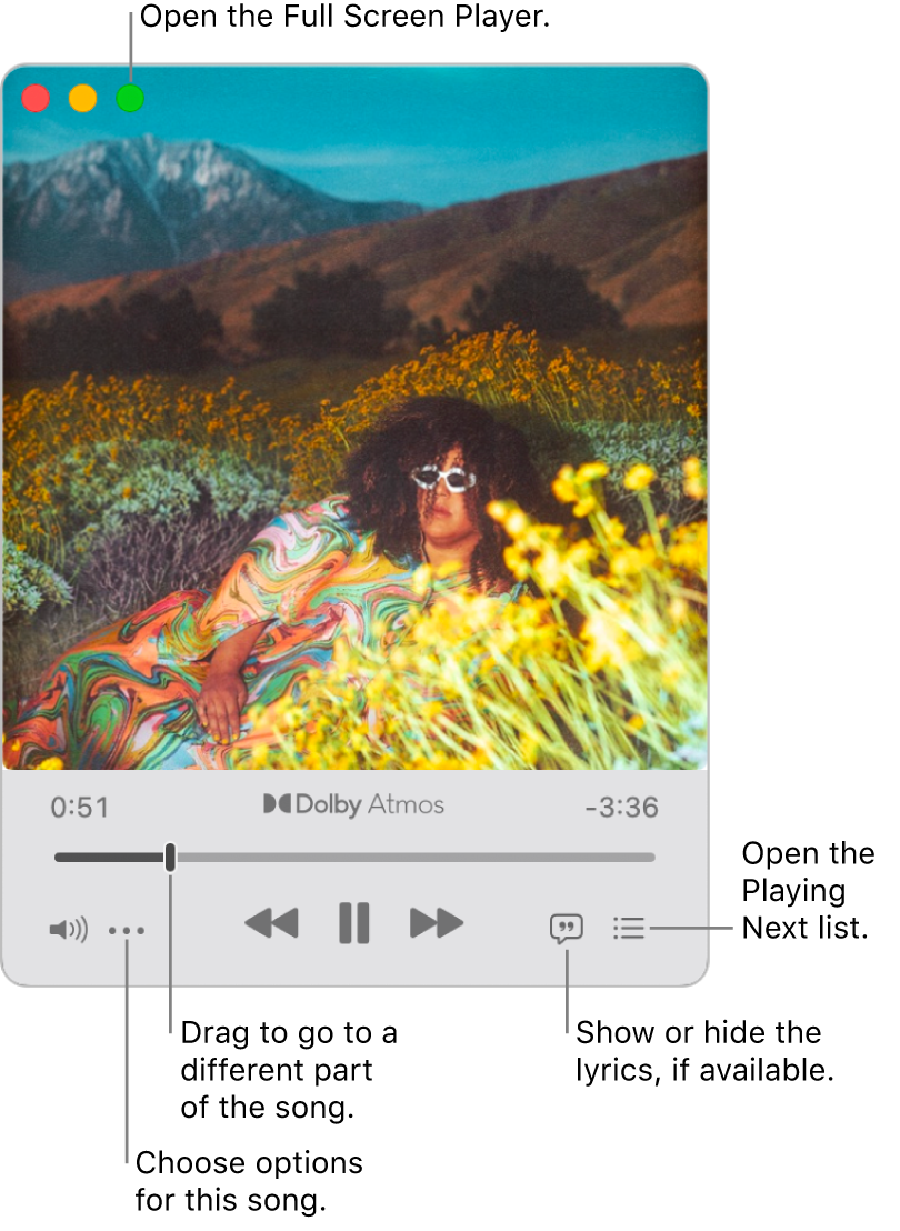 Expanded MiniPlayer showing the controls for the song that’s playing. In the top-left corner are the window controls used to open and close the Full Screen Player. The main part of the window shows the album artwork for the song that’s playing. Below the artwork are a slider to move to a different part of the song, and buttons to adjust the volume, show lyrics, and show what’s playing next.