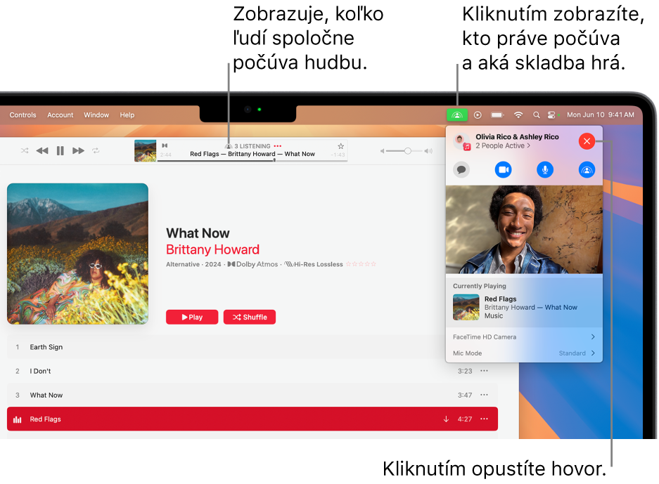 Okno Apple Music s prehrávanou skladbou počas používania SharePlay. Okno prehrávania zobrazuje, koľko ľudí počúva spolu hudbu. Na pravej strane je zobrazené kliknutie na ikonu SharePlay a môžete vidieť, kto počúva, ako aj skladbu, ktorá sa práve prehráva. Na pravej strane môžete kliknúť na tlačidlo Zavrieť.