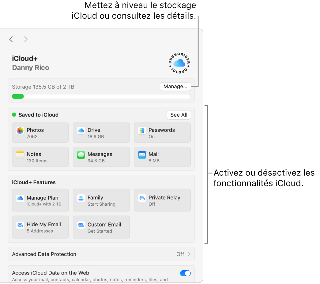 Réglages iCloud avec toutes les fonctionnalités activées.