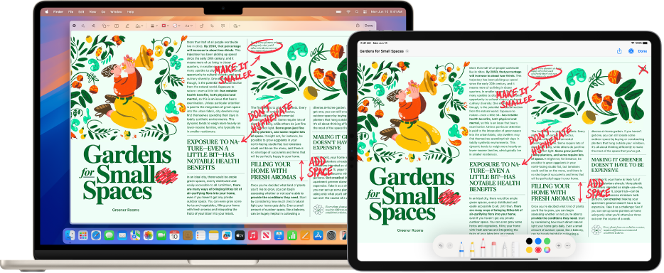 MacBook Air oraz iPad znajdujące się obok siebie. Na obu ekranach widoczny jest artykuł zawierający różne adnotacje: przekreślone zdania, strzałki i dopisane słowa. Na dole ekranu iPada wyświetlane są narzędzia oznaczania.