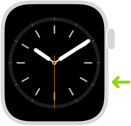 Illustration d’une Apple Watch avec une flèche pointant vers le bouton latéral en bas à droite.