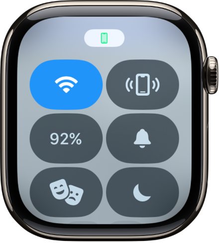 Izvēlnes Control Center ar statusa ikonu Connected augšpusē ekrānā redzams, ka Apple Watch pulkstenis ir savienots ar iPhone tālruni.