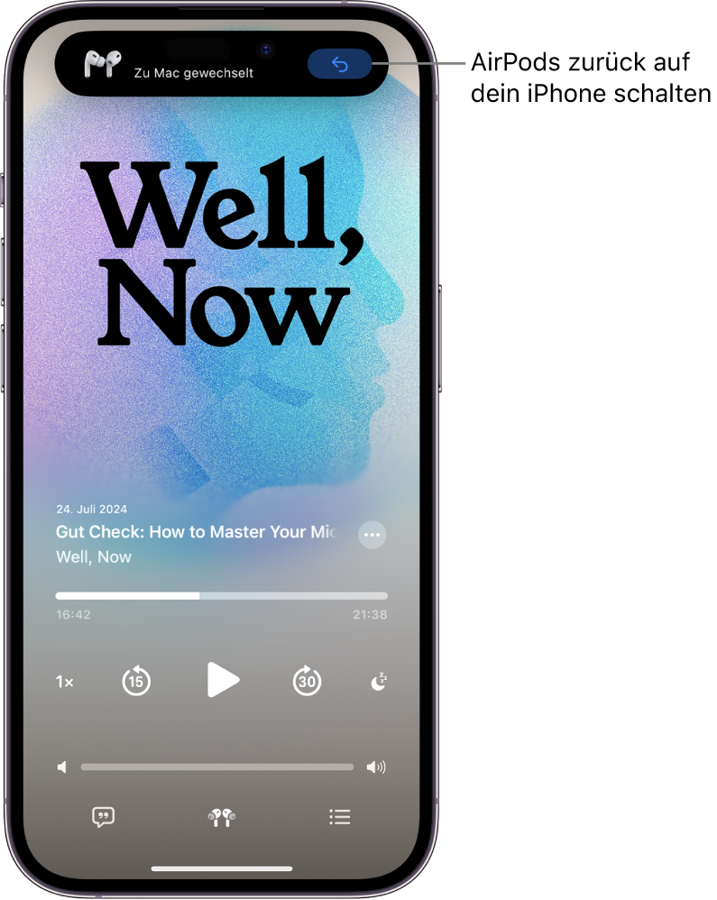 Der Sperrbildschirm auf dem iPhone mit dem Hinweis, dass zum Mac gewechselt wurde, sowie eine Taste, mit der die AirPods wieder zum iPhone zurück wechseln.