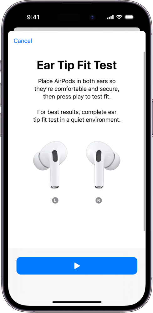 An iPhone screen displaying the Ear Tip Fit Test for AirPods Pro 1.