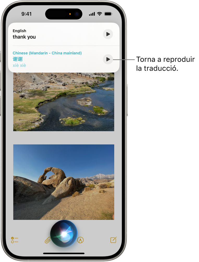 Pantalla de l’iPhone en què es mostra, a la part inferior, l’indicador d’escolta de Siri i, a la part superior, una resposta de Siri en forma de traducció [de l’anglès al mandarí].