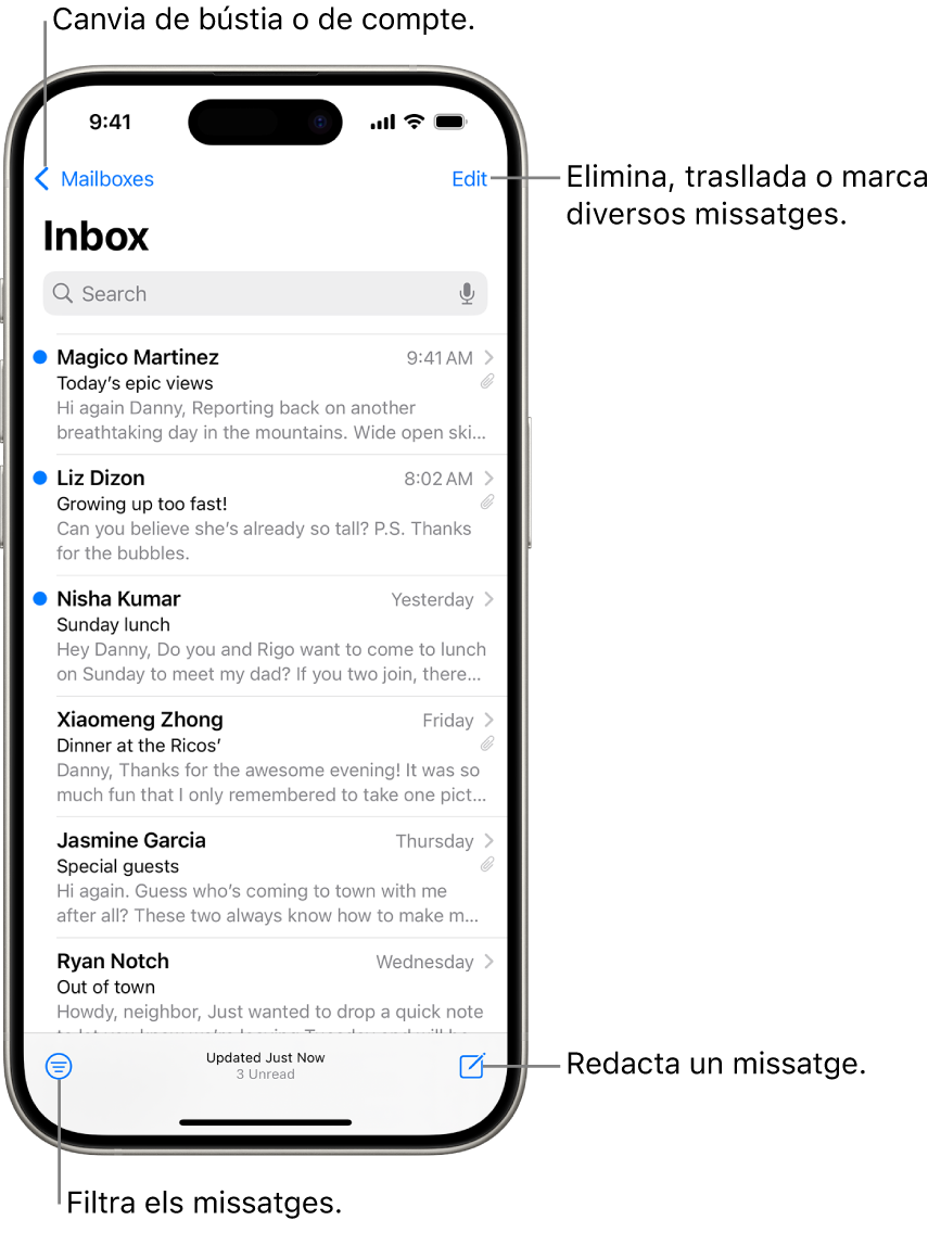 La bústia d’entrada de l’app Mail amb una llista de correus electrònics.