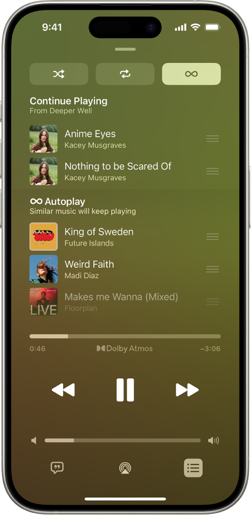 The Now Playing screen showing the Playing Next queue with Autoplay turned on. Similar songs appear below the songs in the album.