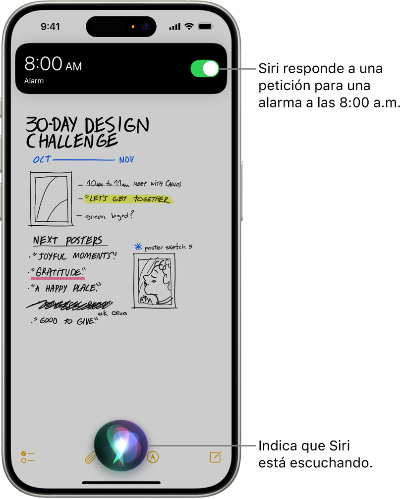 La pantalla de un iPhone. Cerca de la parte superior de la pantalla hay una notificación de la app Reloj que indica que hay una alarma activada para las 8:00 a.m. En la parte inferior, hay un ícono que indica que Siri está escuchando.