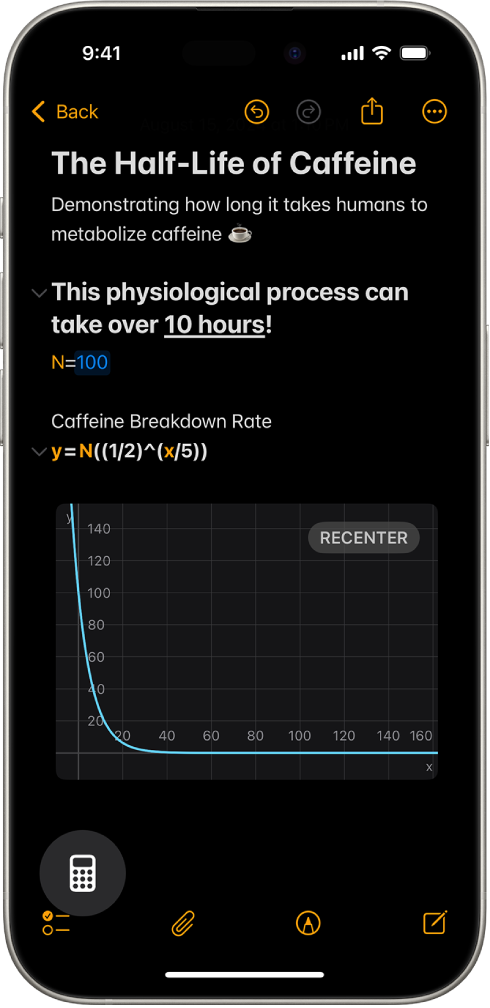 O notiță matematică deschisă în Calculator, cu o variabilă declarată, o ecuație și un grafic.