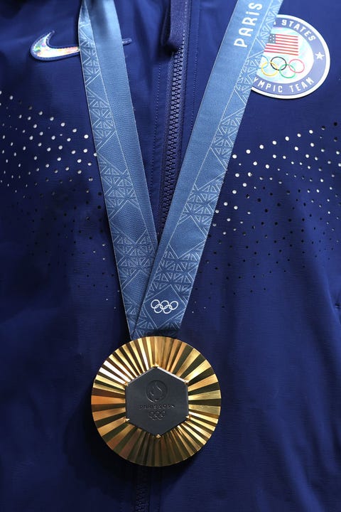 paris, france august 03 a detailed view of the gold medal of simone biles of team united states during the medal ceremony for the artistic gymnastics womens vault final on day eight of the olympic games paris 2024 at bercy arena on august 03, 2024 in paris, france photo by julian finneygetty images