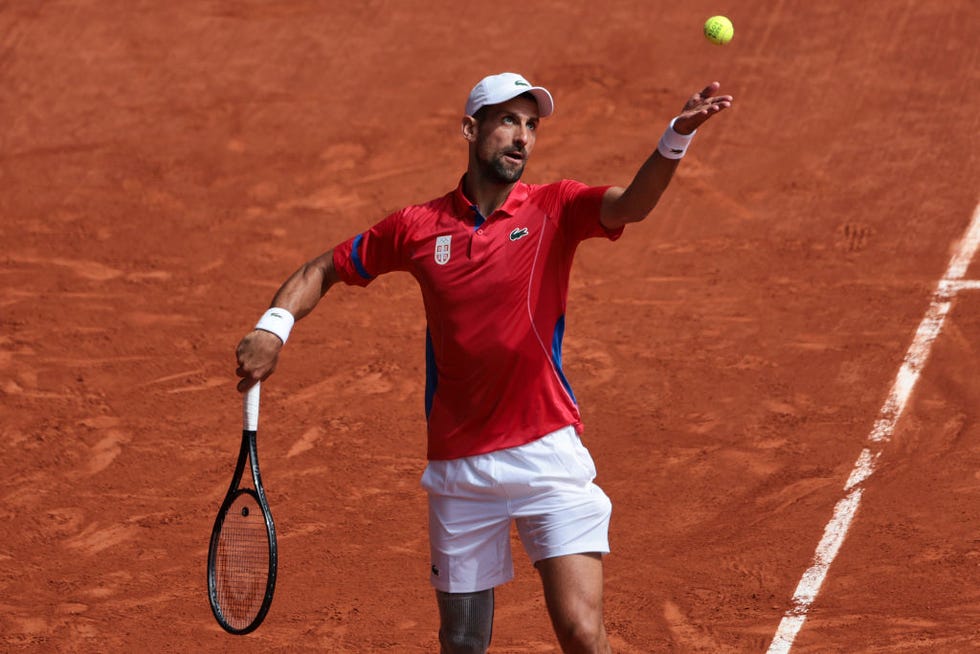 paris, france august 04 novak djokovic of team serbia in action during the mens singles gold medal match against carlos alcaraz of team spain on day nine of the olympic games paris 2024 at roland garros on august 04, 2024 in paris, france photo by jean catuffegetty images