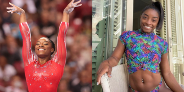 left simone biles in competition, right simone biles in swimsuit