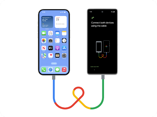 Un iPhone et un tout nouveau téléphone Android côte à côte, reliés par un câble USB Lightning. Les données sont transférées en toute simplicité de l'iPhone vers le nouveau téléphone Android.