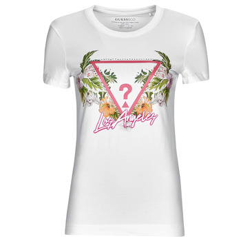 Textiel Dames T-shirts korte mouwen Guess SS CN TRIANGLE FLOWERS TEE Wit