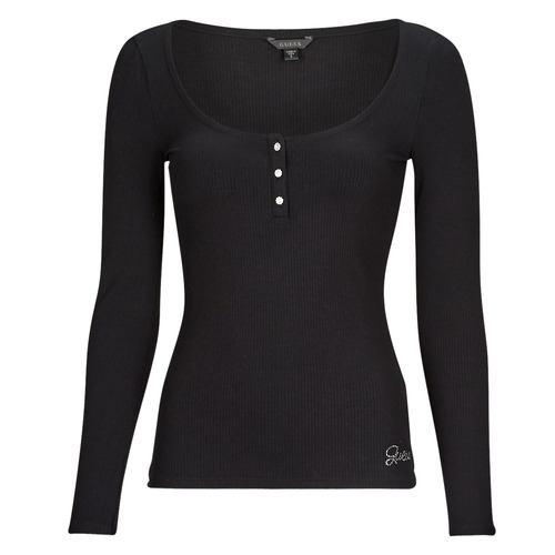 Textiel Dames T-shirts met lange mouwen Guess LS KARLEE JEWEL BTN HENLEY Zwart