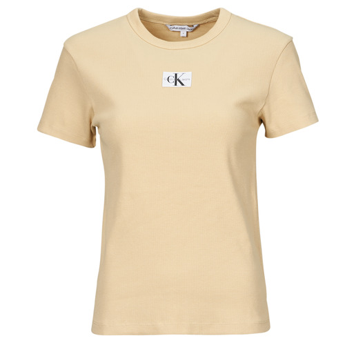 Textiel Dames T-shirts korte mouwen Calvin Klein Jeans WOVEN LABEL RIB REGULAR TEE Beige