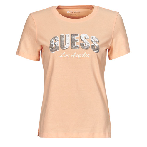 Textiel Dames T-shirts korte mouwen Guess SEQUINS LOGO TEE Roze