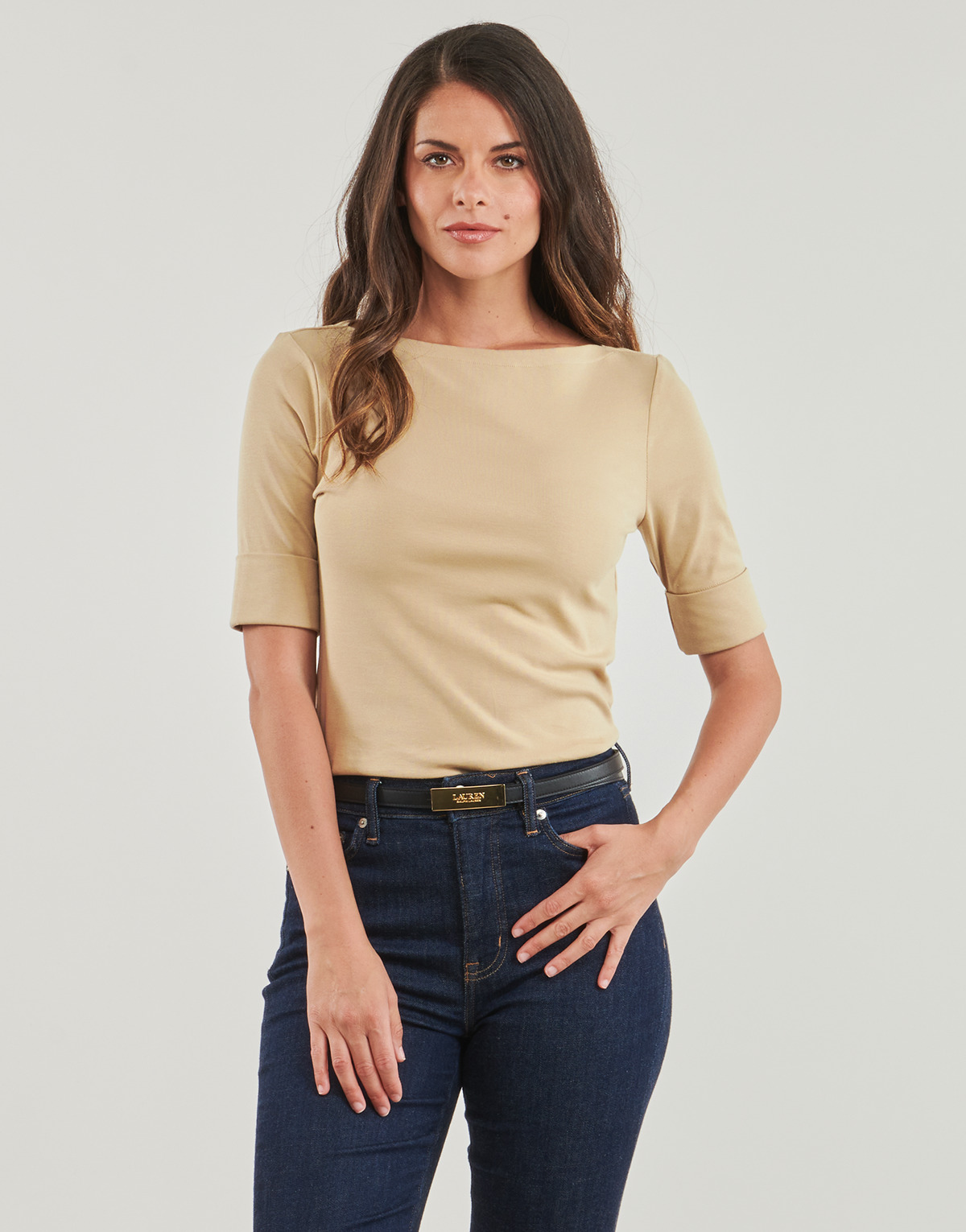 Textiel Dames T-shirts met lange mouwen Lauren Ralph Lauren JUDY-ELBOW SLEEVE-KNIT Beige