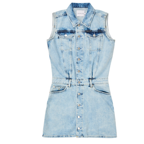 衣服 女孩 短裙 Calvin Klein Jeans SLEEVELESS BLUE DENIM DRESS 蓝色