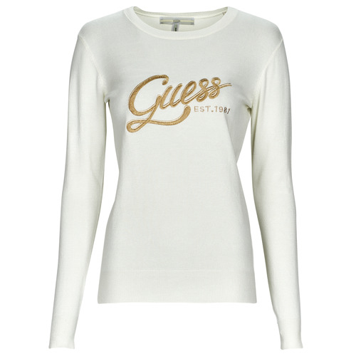 Clothing Women Sweaters Guess LS EDIE RN TONAL LOGO SWTR White / Gold