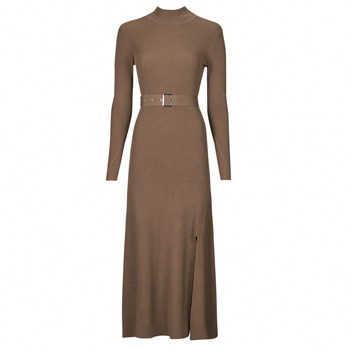 Clothing Women Long Dresses Karl Lagerfeld LSLV BUCKLE BELT KNIT DRESS Camel