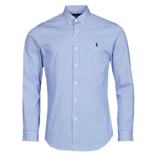 Vêtements Homme Chemises manches longues Polo Ralph Lauren CHEMISE AJUSTEE SLIM FIT EN POPELINE RAYE Bleu / Blanc